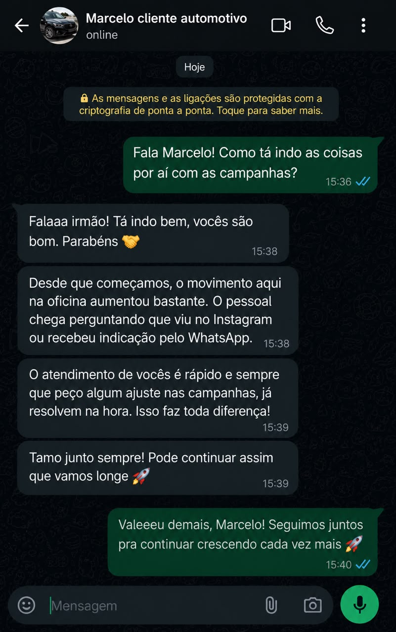 Feedback real de cliente de oficina, segmento automotivo, sobre os resultados das campanhas