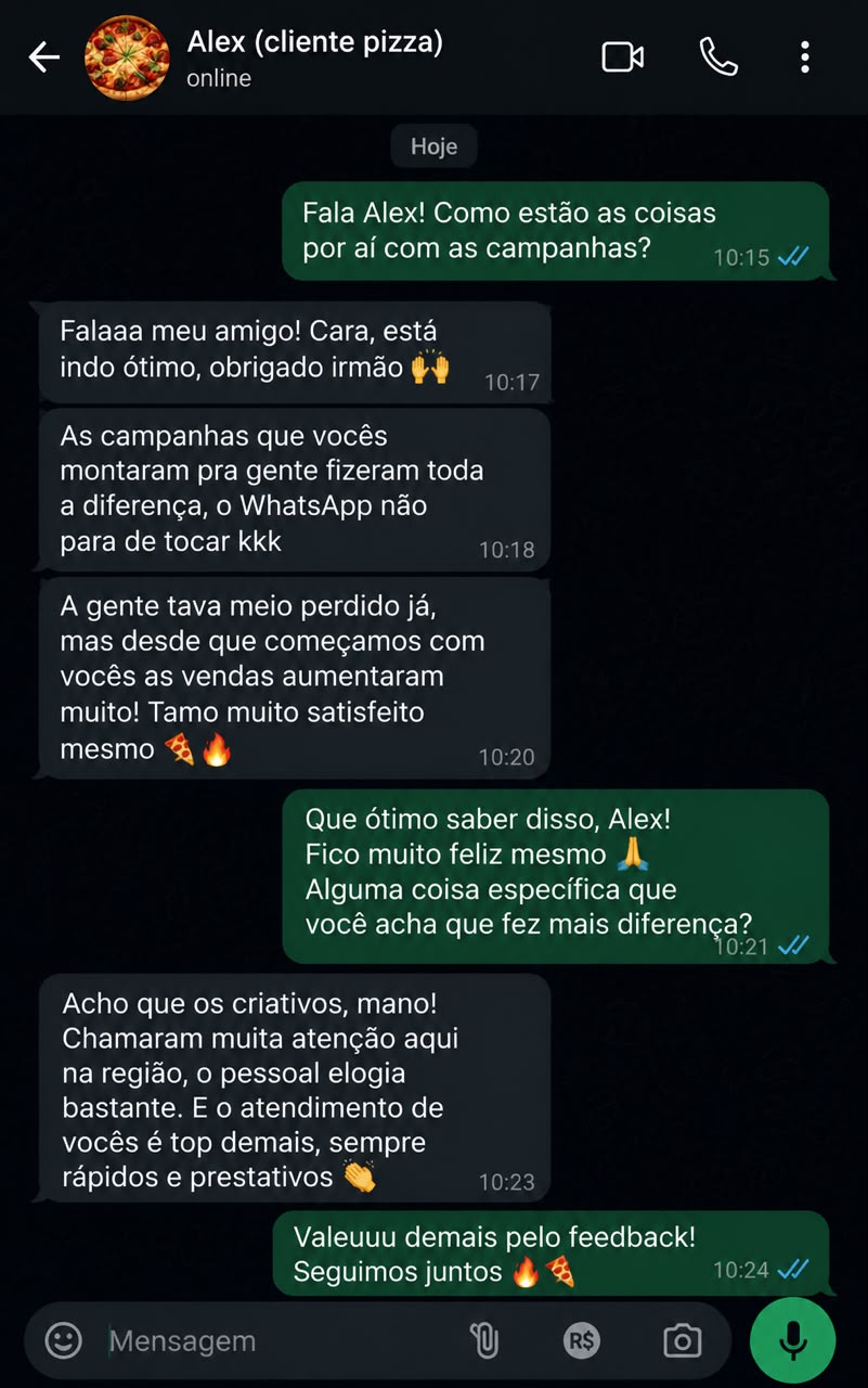 Feedback real de cliente de pizzaria, alimentação, sobre os resultados das campanhas