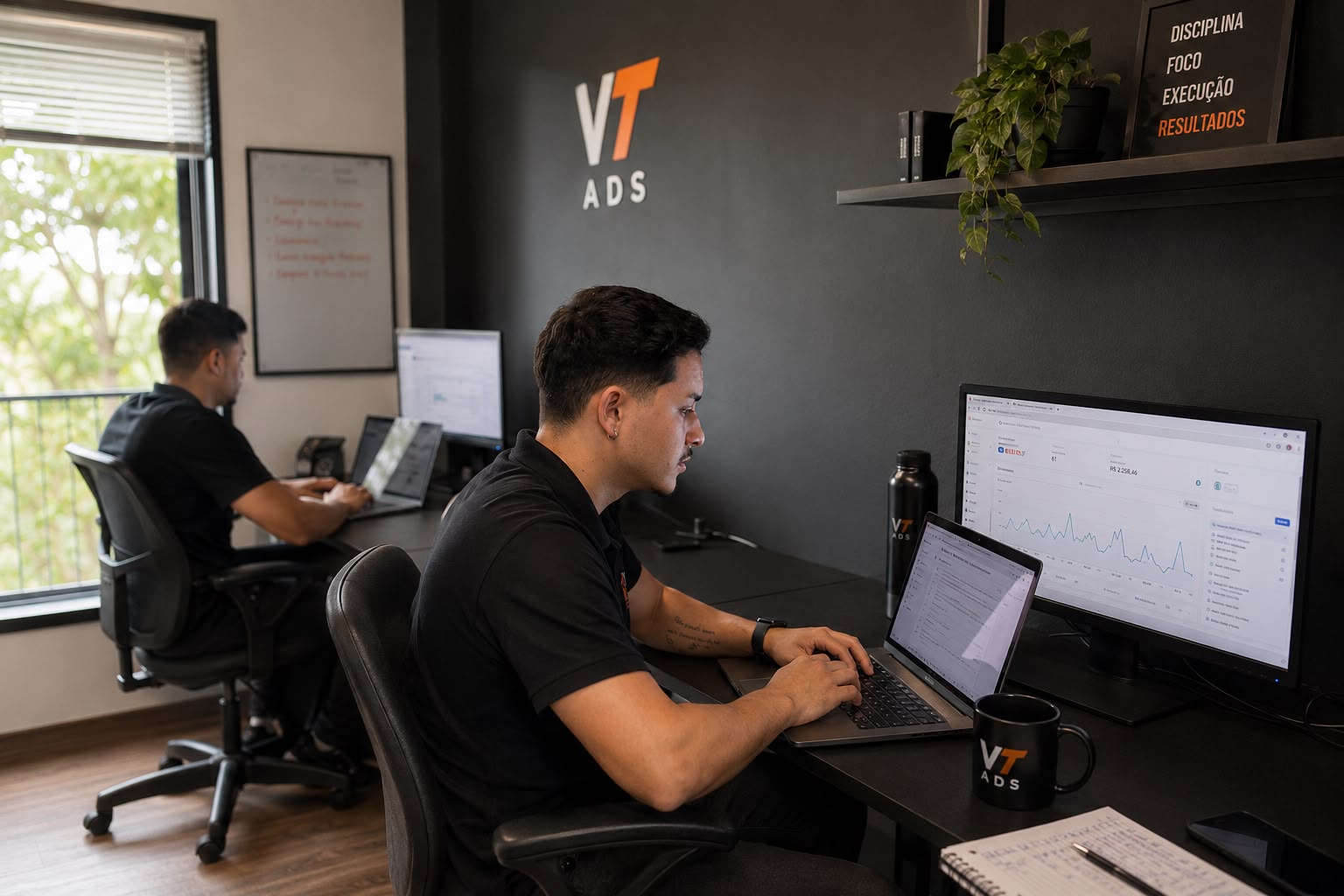 Equipe da VT Ads acompanhando campanhas no escritório
